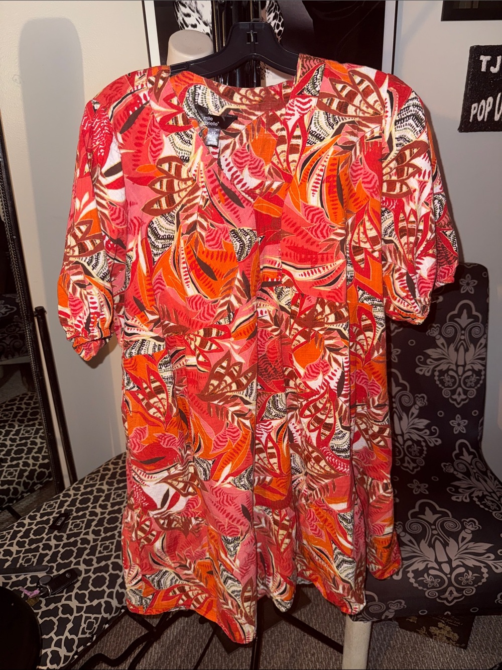 Tropical Leaf Print Mini Dress in Red-Orange